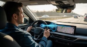 A driver speaking to a car's voice assistant while driving (alt text- Driver interacting with in-car voice assistant for hands-free navigation)