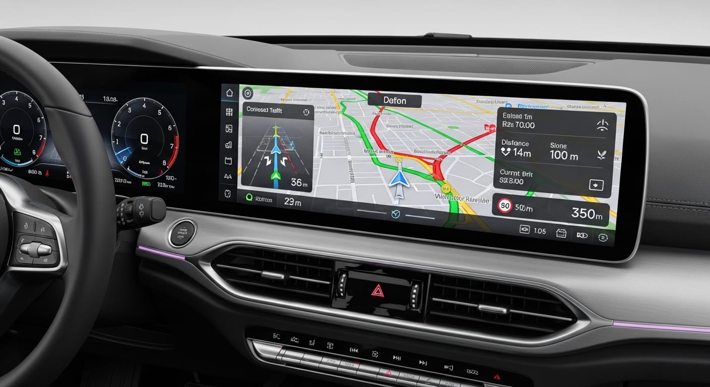 Connected car dashboard displaying real-time traffic and navigation data