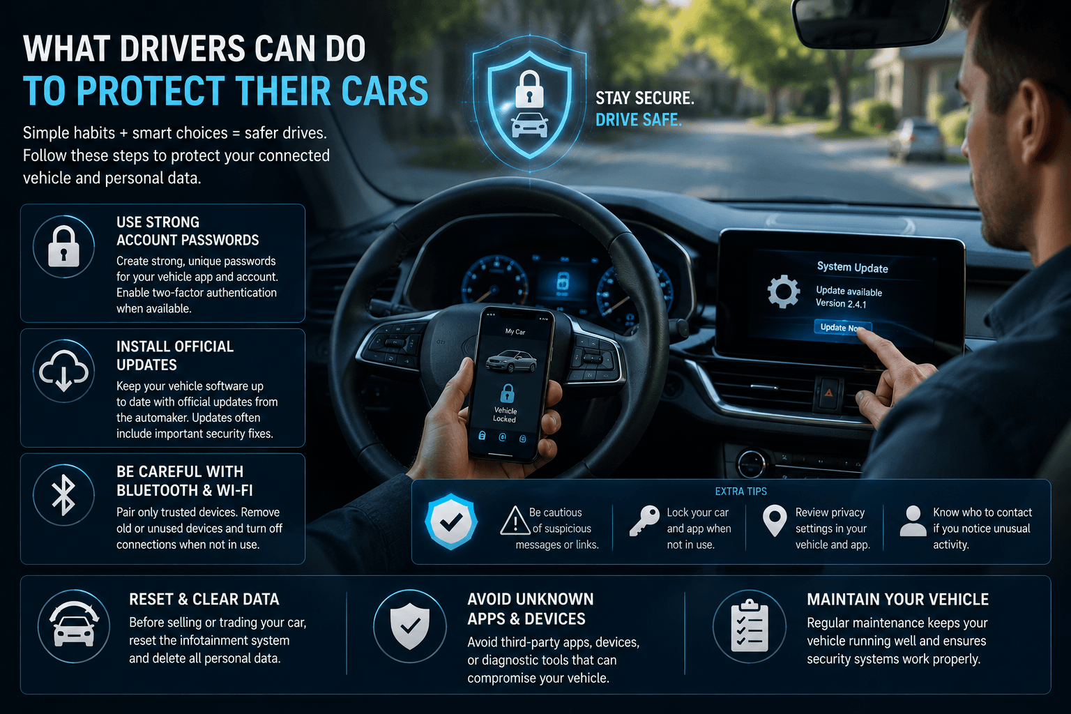 Driver protecting a connected car with cybersecurity tools