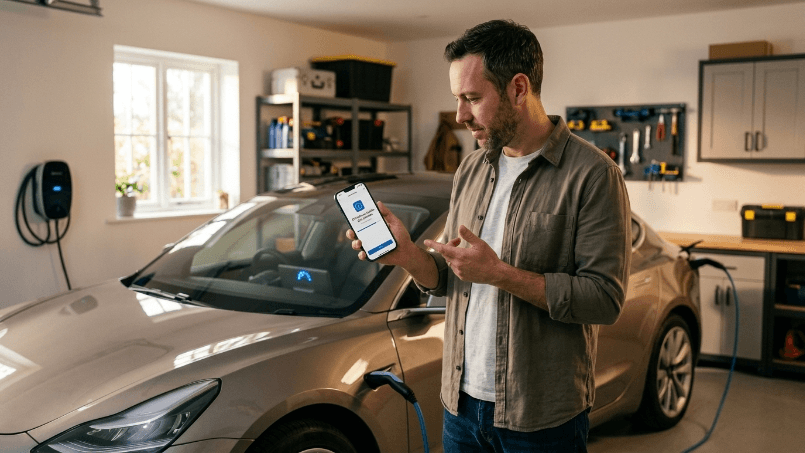 Driver using a smartphone to remotely check vehicle software status while a connected car updates wirelessly in a home garage, realistic smart vehicle technology, modern lifestyle photography