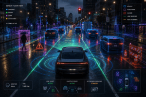 Car combining camera, radar, and LiDAR data through sensor fusion