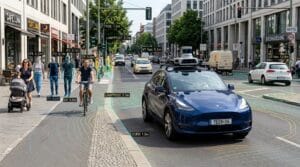 LiDAR sensor mapping vehicles and pedestrians around a car
