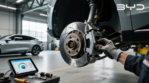 Mechanic inspecting electronic braking components on a car